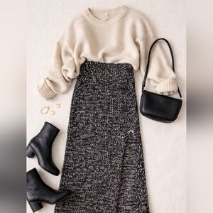 Atelier Delphine Marled Knit Midi Skirt Side Slit Black Oatmeal Chunky Knit